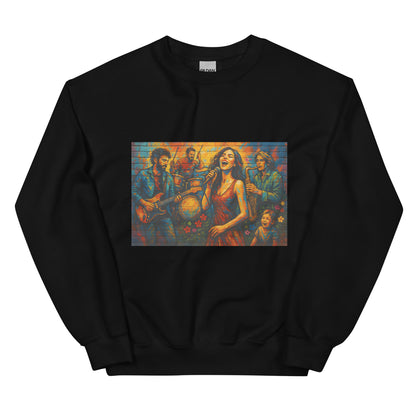 Unisex Sweatshirt featuring “Rhythm of Colors – The Joy of Music” artwork, vibrant band performance with singer, musicians, and colorful expressive strokes. Available in Black, Navy, White, and Purple.