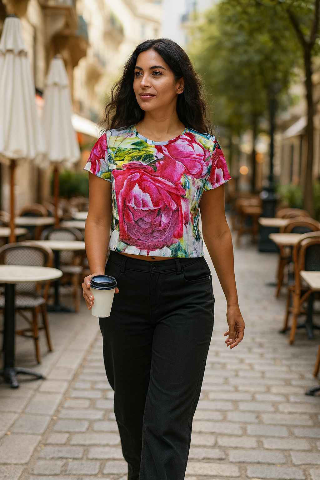 woman walking through a european cafe street wearing a rose floral crop tee with large pink and red blooming flowers green leaves botanical painting style fashion top summer light outdoor city terrace ambiance casual elegant outfit nature inspired design