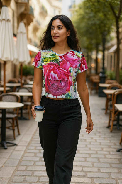 woman walking through a european cafe street wearing a rose floral crop tee with large pink and red blooming flowers green leaves botanical painting style fashion top summer light outdoor city terrace ambiance casual elegant outfit nature inspired design