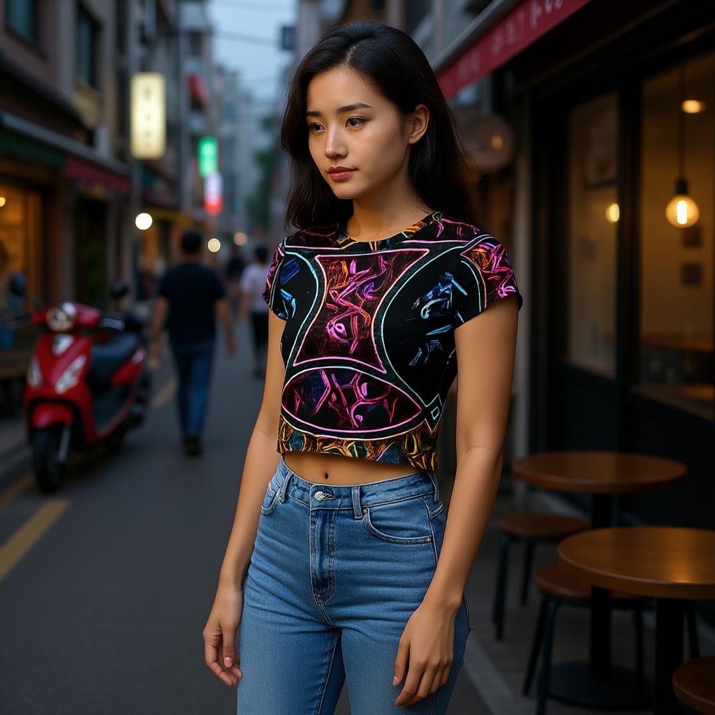 Woman wearing Runes 2 crop tee with glowing Celtic grail symbol in neon magenta blue and gold standing in an evening city street scene showcasing mystical abstract retro design on fitted crop top