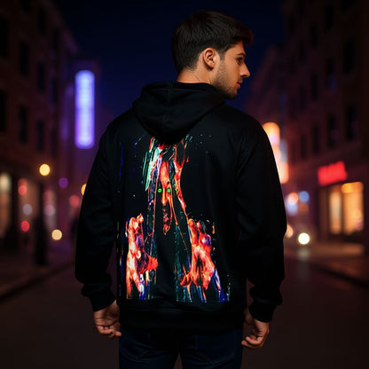 Dark fantasy artwork of a fiery sorcerer with glowing green eyes, printed on a black unisex hoodie, featuring intense flames, dramatic lighting, and vivid colors for a bold artistic streetwear look.