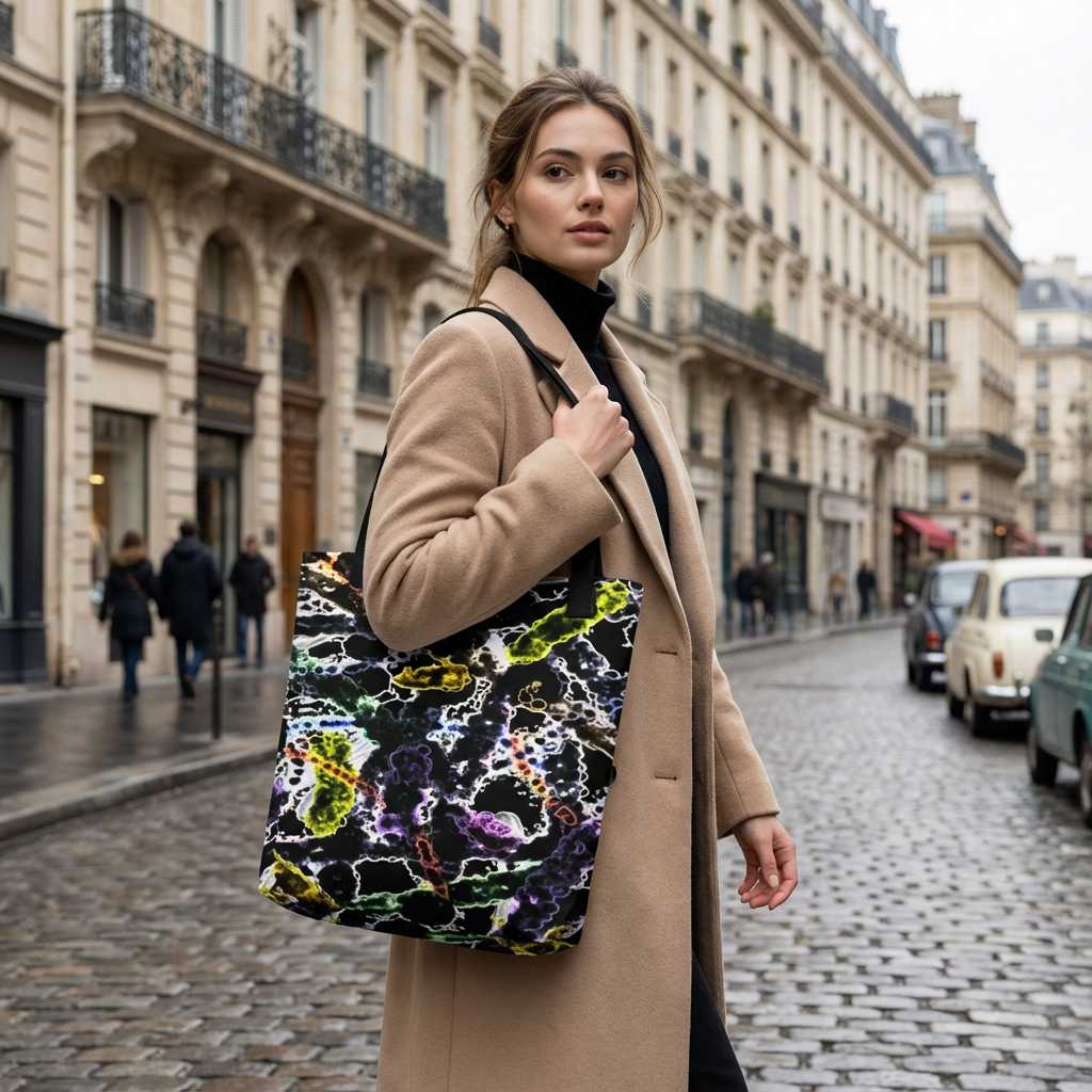 Tote bag Organismes avec motifs abstraits inspirés du monde microscopique, formes colorées vert jaune violet blanc sur fond sombre, porté par une femme élégante dans une rue parisienne pavée, ambiance urbaine chic, design moderne et expressif.