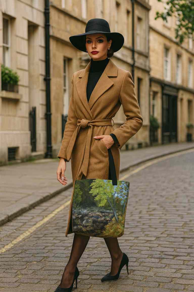 Tote bag Ponds avec paysage naturel de forêt et étang, tons verts et bruns, porté par une femme élégante en manteau camel dans une rue pavée, ambiance urbaine chic, design inspiré d’une peinture de paysage calme et naturel.