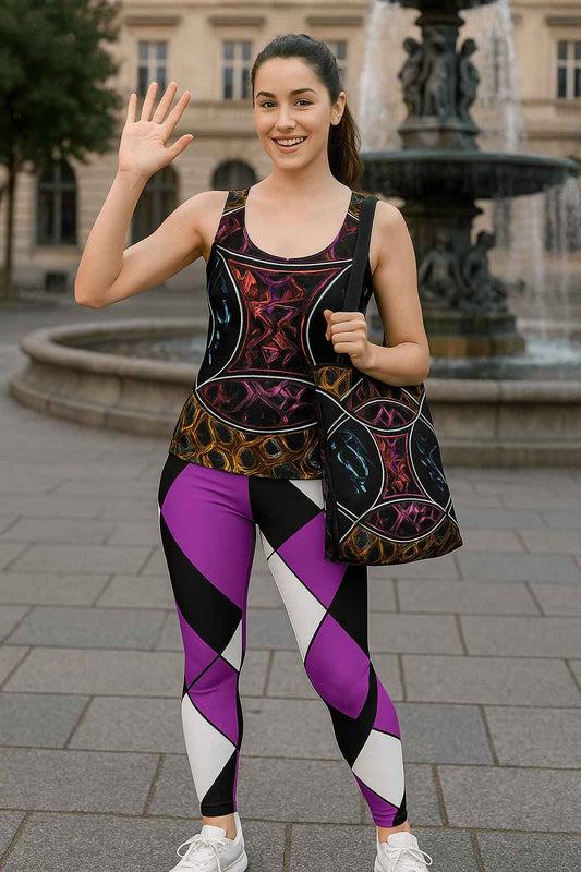 Tote bag Rune 2 with geometric Nordic rune-inspired patterns in blue, pink and bronze on a black background, carried by a woman in an urban square near a fountain, modern energetic atmosphere, bold glowing contrasts and contemporary design.