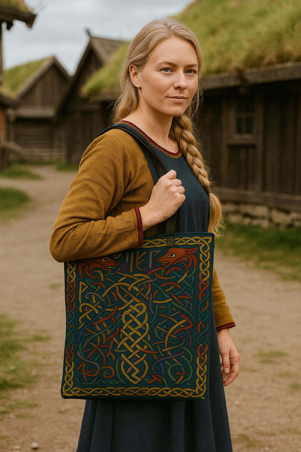 Tote bag Runic Knotwork avec motifs nordiques entrelacés serpents et nœuds vikings, tons vert rouge or violet, porté par une femme dans un village au style ancien avec maisons en bois et toits de chaume, ambiance historique et artisanale.