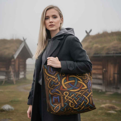Tote bag Runic Viking Art avec motifs celtiques entrelacés tons or bleu rouge, porté par une femme dans un décor brumeux de village nordique ancien, ambiance historique et naturelle, design complexe inspiré des symboles vikings et nœuds celtiques.