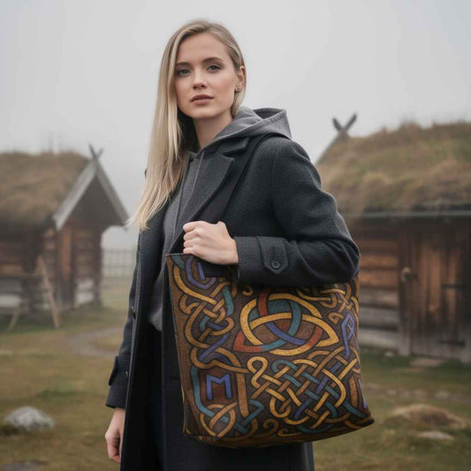 Tote bag Runic Viking Art avec motifs celtiques entrelacés tons or bleu rouge, porté par une femme dans un décor brumeux de village nordique ancien, ambiance historique et naturelle, design complexe inspiré des symboles vikings et nœuds celtiques.