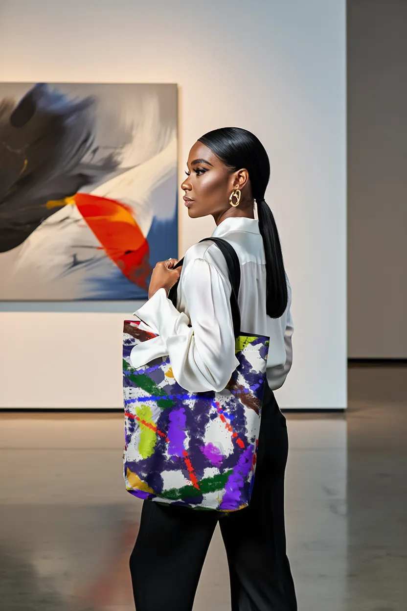 Tote bag Splashing avec motif abstrait de larges touches colorées violet rouge vert jaune, porté par une femme élégante dans une galerie d’art, ambiance moderne et minimaliste, style artistique contemporain avec éclaboussures dynamiques sur fond clair.