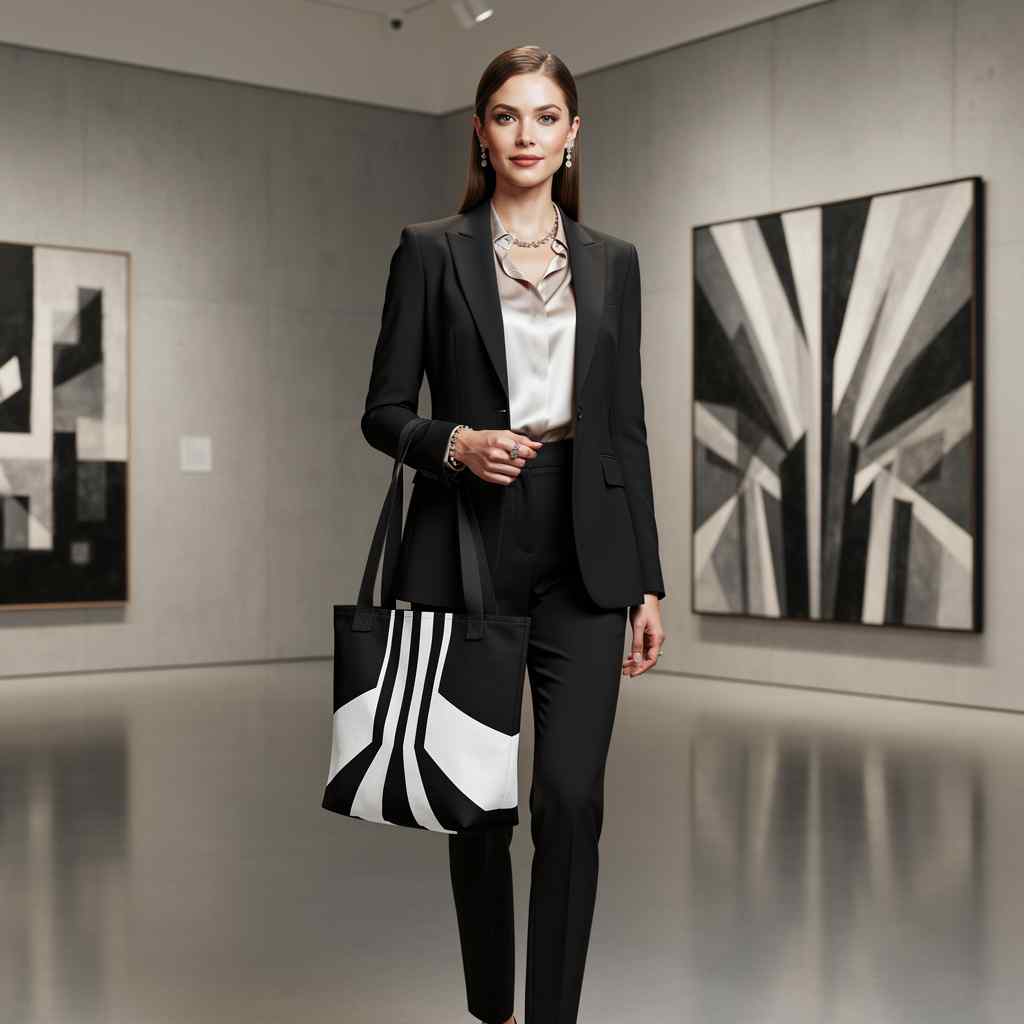 All-Over Print Tote Bag in black and white Art Deco geometric design, carried by a sophisticated woman in a modern art gallery, showcasing clean vertical shapes and elegant monochrome contrast.
