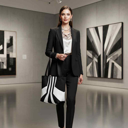 All-Over Print Tote Bag in black and white Art Deco geometric design, carried by a sophisticated woman in a modern art gallery, showcasing clean vertical shapes and elegant monochrome contrast.