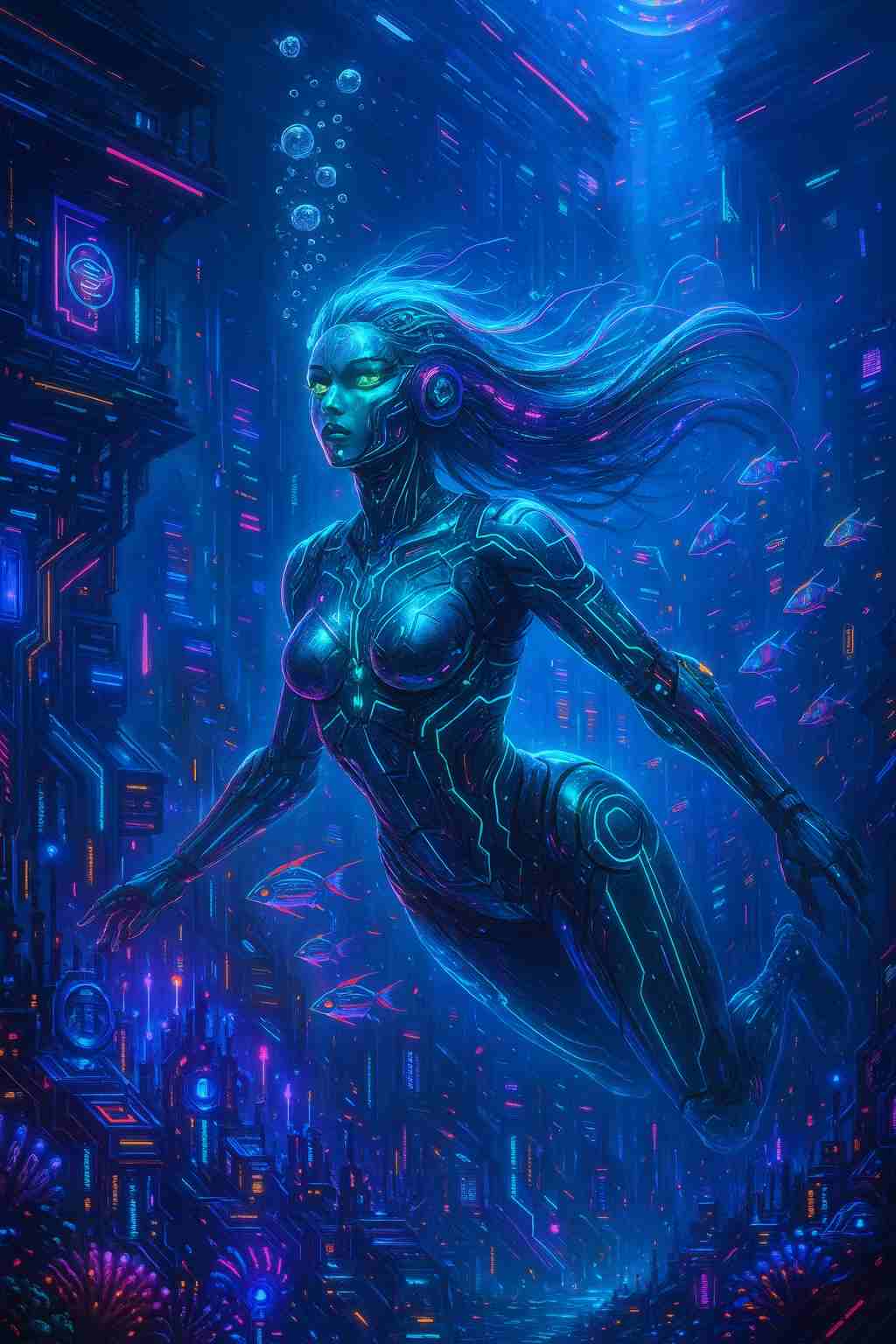 Cybernetic woman ascending through a submerged neon megacity, biomechanical armor glowing blue as cables and hair drift in dark water, holographic structures fading into depth, creating a calm dystopian scene designed for smartphone lock screen and home screen use
