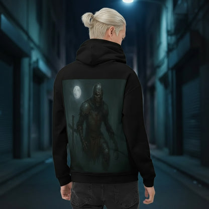 Black unisex hoodie with large back print showing an undead medieval knight rising under a full moon, cracked armor, rusted sword, dark foggy atmosphere, gothic fantasy art inspired by cursed crusaders and Templar mythology, All-Over Print Recycled Unisex Hoodie design