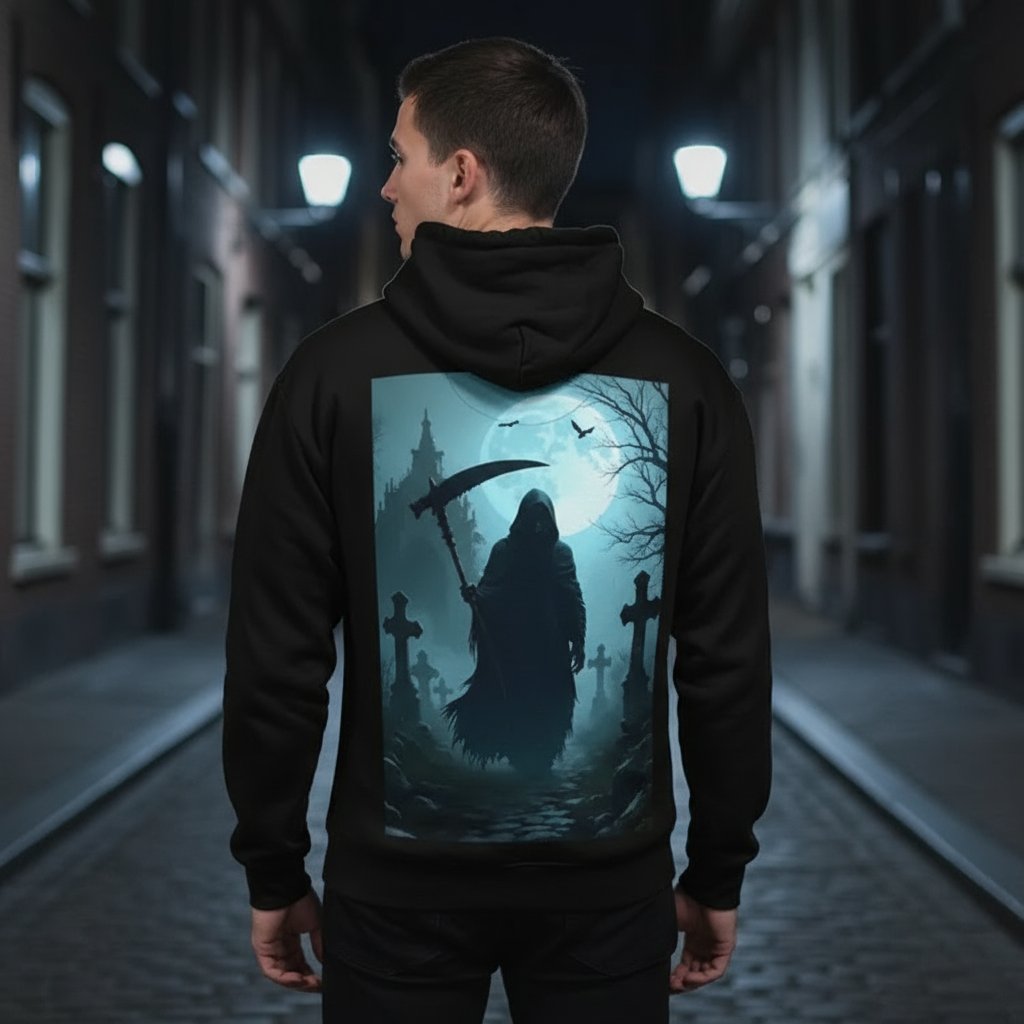 Black unisex hoodie with large back print showing a grim reaper silhouette in a graveyard under a full moon, gothic fantasy artwork, dark cemetery scene with crosses and mist, high-contrast blue lighting, All-Over Print Recycled Unisex Hoodie design