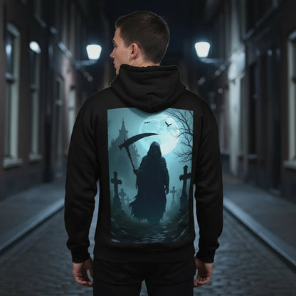 Black unisex hoodie with large back print showing a grim reaper silhouette in a graveyard under a full moon, gothic fantasy artwork, dark cemetery scene with crosses and mist, high-contrast blue lighting, All-Over Print Recycled Unisex Hoodie design