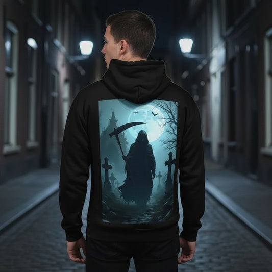 Black unisex hoodie with large back print showing a grim reaper silhouette in a graveyard under a full moon, gothic fantasy artwork, dark cemetery scene with crosses and mist, high-contrast blue lighting, All-Over Print Recycled Unisex Hoodie design