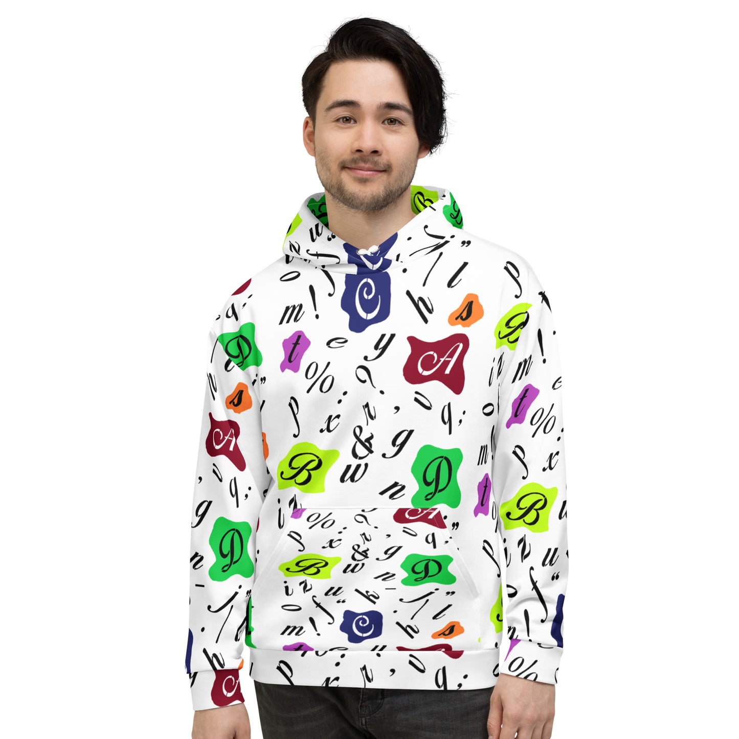 Unisex hoodie featuring colorful letters and punctuation on a white background, artistic print-on-demand design by Marcel W-Dagrou, inspired by 60s retro typography.
