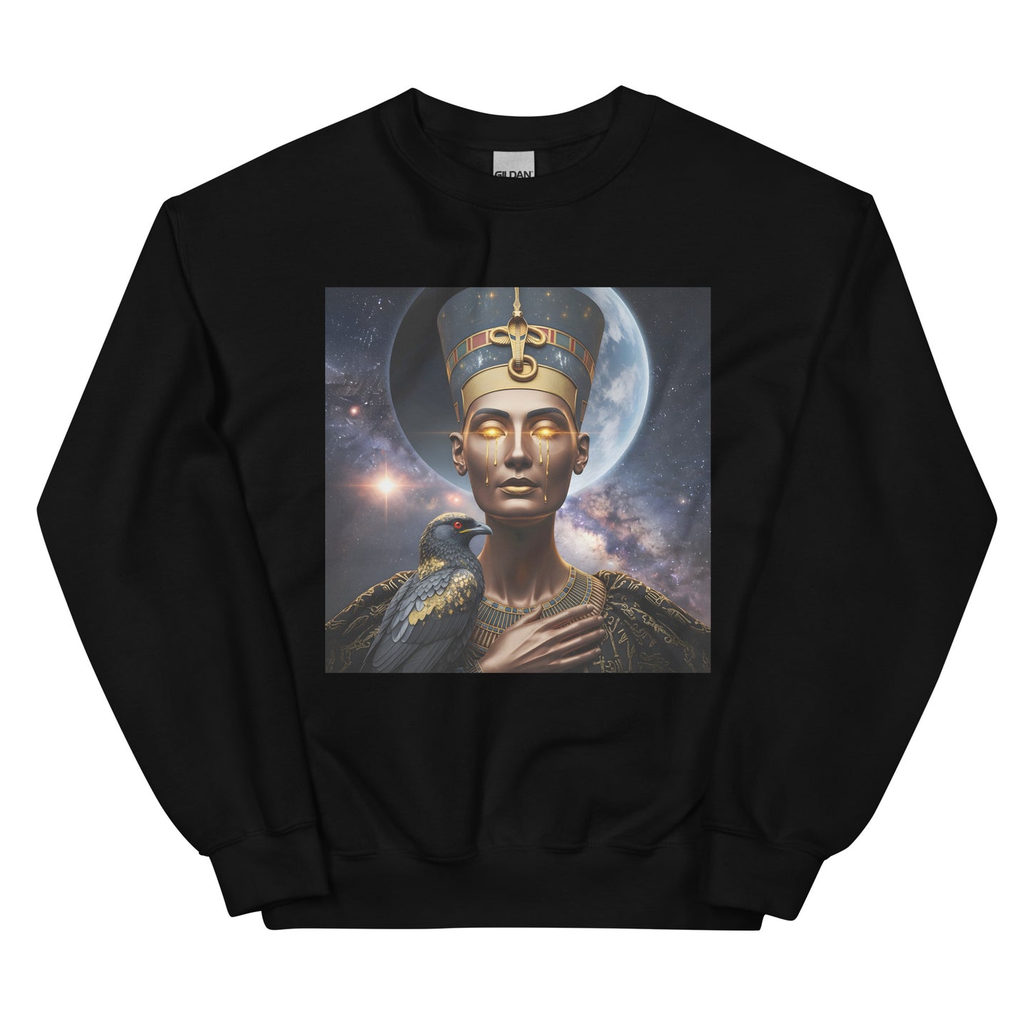 Unisex sweatshirt featuring “Celestial Goddess – Golden Tears Fantasy Artwork” printed on the front in approx. A4 size. Cosmic goddess with golden tears and raven set against a celestial background. Available in classic fit, cotton-poly blend, warm and durable.