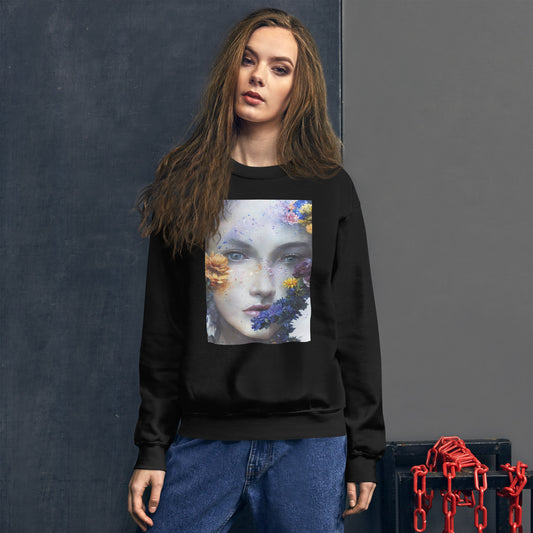 Unisex sweatshirt featuring “Circe – Greek Mythology Fantasy Artwork” printed on the front in approx. A4 size. A mystical portrait inspired by Greek legend and the Odyssey, combining mythology with fantasy art. Available in black, white, navy, and purple.