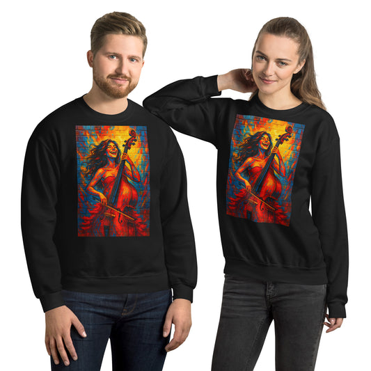 Unisex sweatshirt featuring “Joy of Music – Vibrant Woman Playing Double Bass Artwork” printed on the front in approx. A4 size. Expressive painting of a woman playing double bass with joyful colors. Available in black, white, navy, and purple.