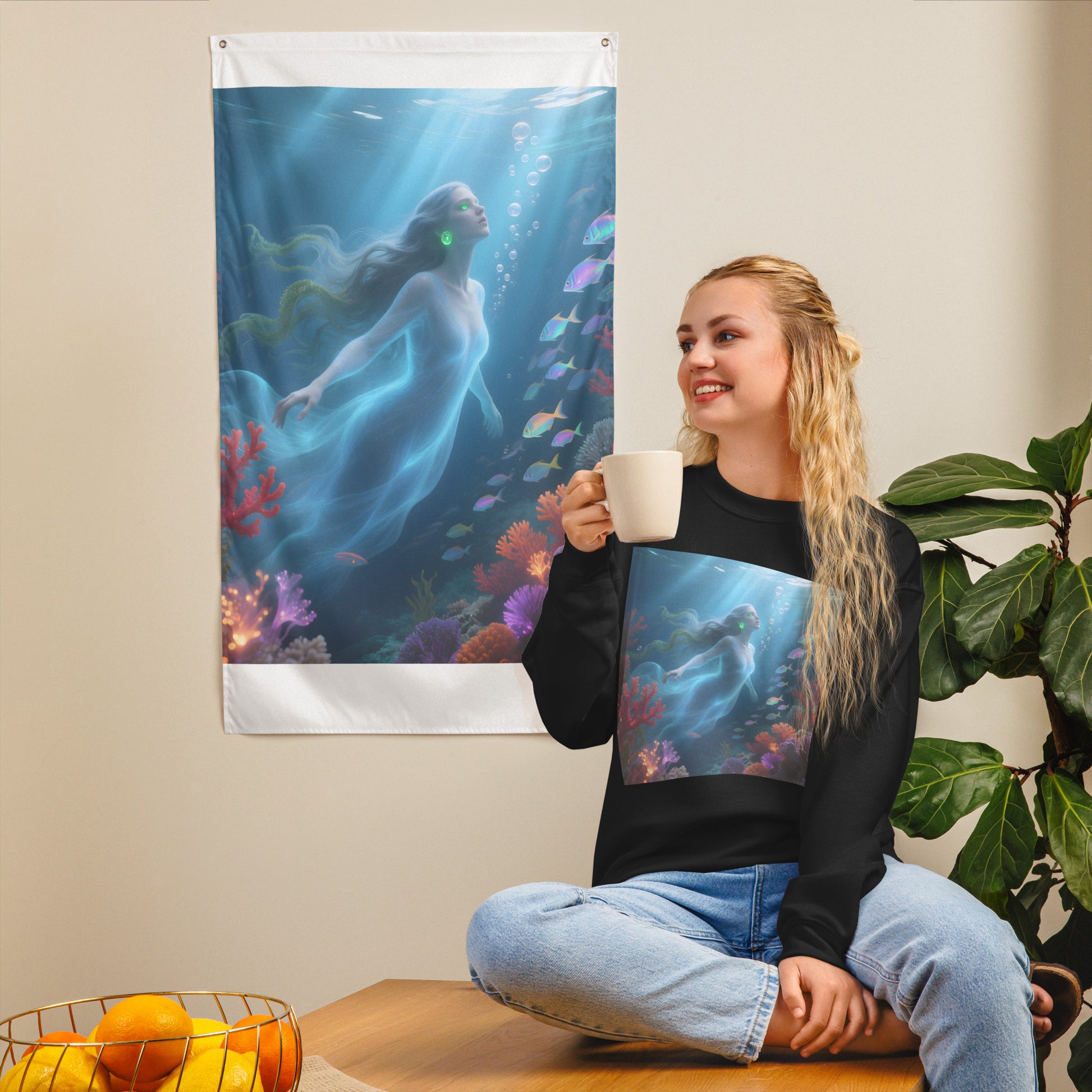 Unisex sweatshirt featuring “Mystical Ocean Goddess – Enchanted Mermaid Fantasy Artwork” printed on the front in approx. A4 size. Design of an ethereal mermaid glowing under ocean light, surrounded by coral and colorful fish. Available in black, white, navy, and blue.
