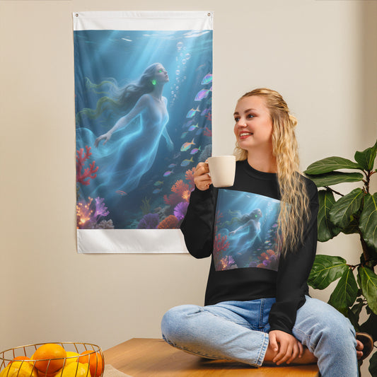 Unisex sweatshirt featuring “Mystical Ocean Goddess – Enchanted Mermaid Fantasy Artwork” printed on the front in approx. A4 size. Design of an ethereal mermaid glowing under ocean light, surrounded by coral and colorful fish. Available in black, white, navy, and blue.