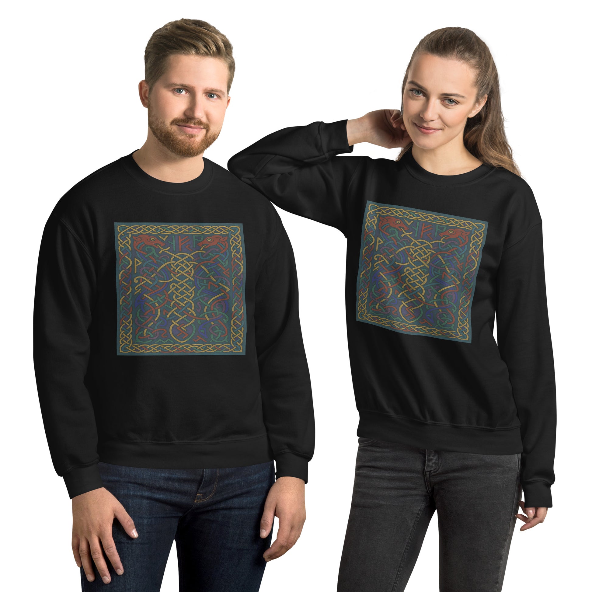 Unisex sweatshirt with Viking knotwork design “Runic Knotwork – Viking Serpents & Wolves” printed on the front in approx. A4 size. Intricate runes, serpents, and wolf heads in Nordic style. Available in black, navy, white, and purple.