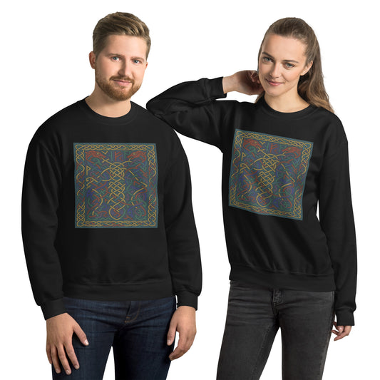 Unisex sweatshirt with Viking knotwork design “Runic Knotwork – Viking Serpents & Wolves” printed on the front in approx. A4 size. Intricate runes, serpents, and wolf heads in Nordic style. Available in black, navy, white, and purple.