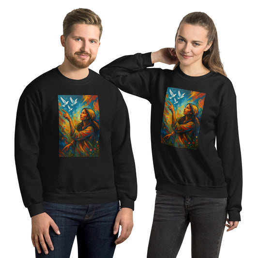 Unisex sweatshirt featuring “Spirit of Peace – Woman with Doves Vibrant Fantasy Artwork” printed on the front in approx. A4 size. Colorful fantasy design of a woman pointing toward white doves in flight. Available in black, white, navy, and purple.