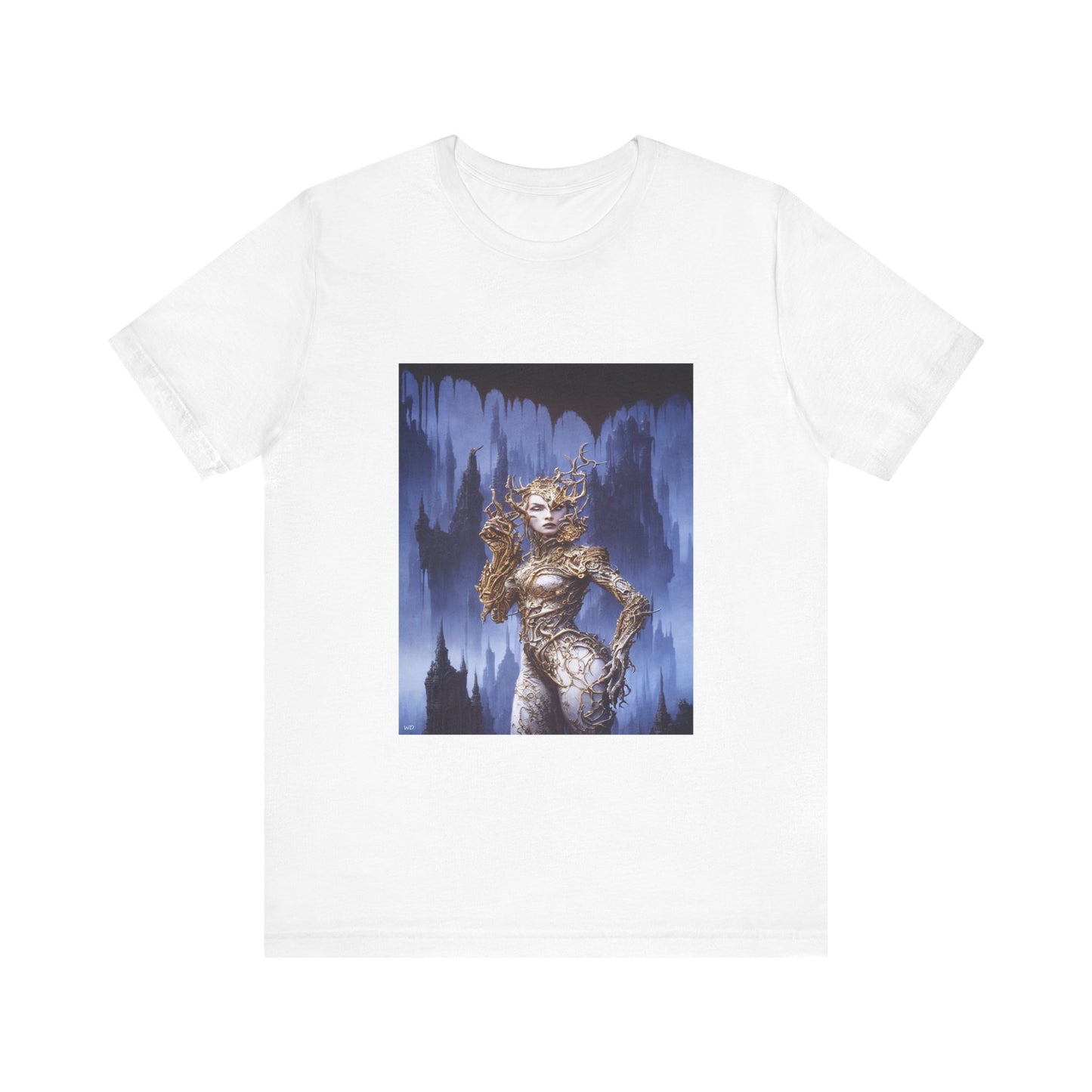 Unisex T-shirt featuring the Alien Queen design — a surreal sci-fi queen in golden armor against a deep blue fantasy background. French artistic creation produced by Canadian or American companies with worldwide branches.