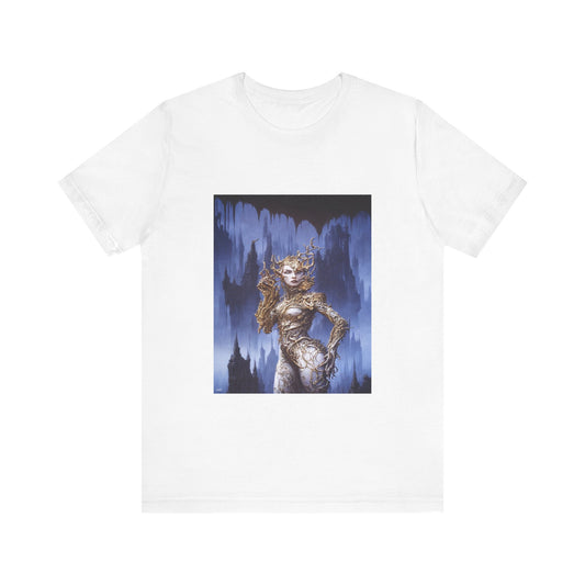 Unisex T-shirt featuring the Alien Queen design — a surreal sci-fi queen in golden armor against a deep blue fantasy background. French artistic creation produced by Canadian or American companies with worldwide branches.