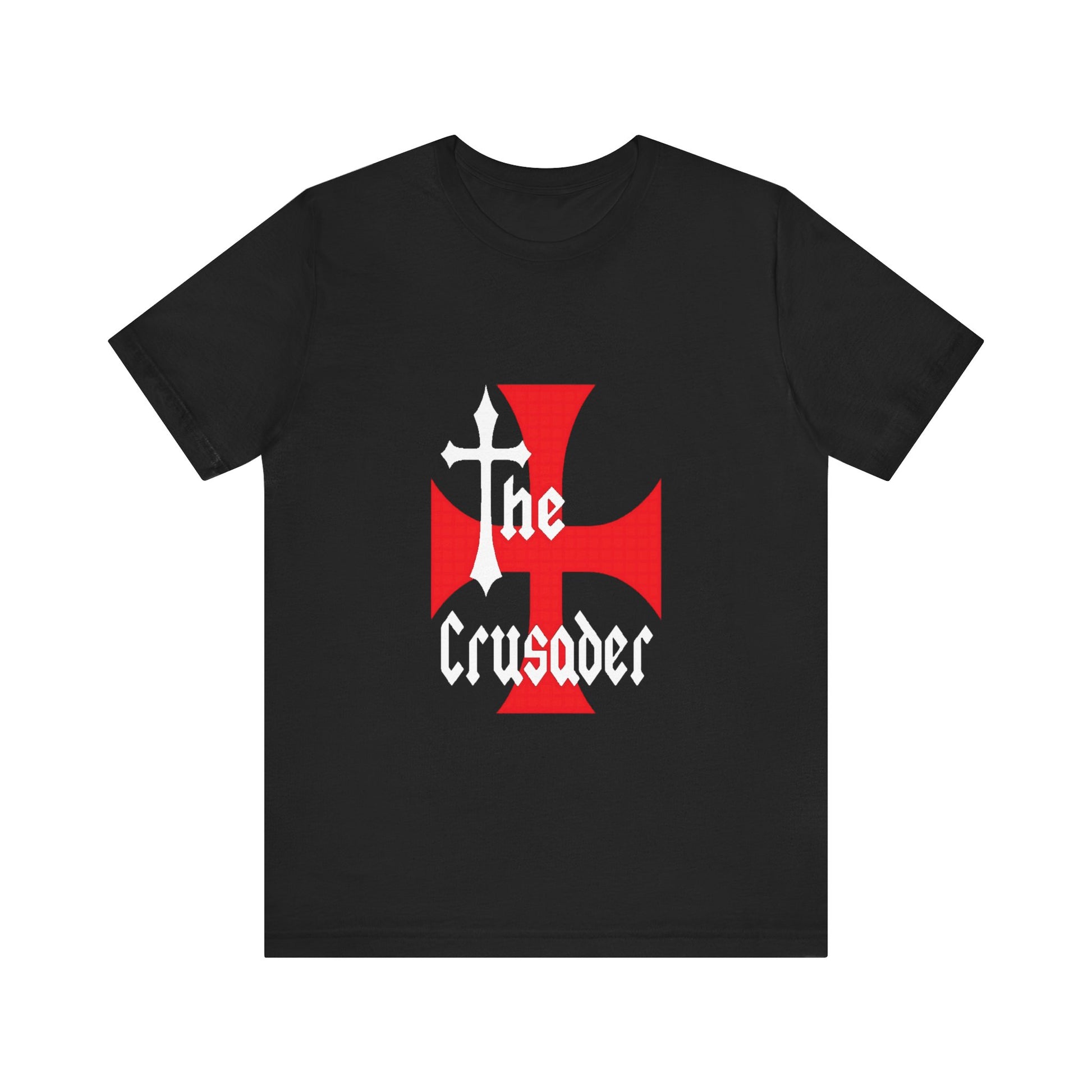 Unisex T-shirt featuring The Crusader red cross design inspired by medieval history. French creation by Marcel W-Dagrou, printed by Canadian or American companies with worldwide branches. Premium cotton comfort for history lovers.