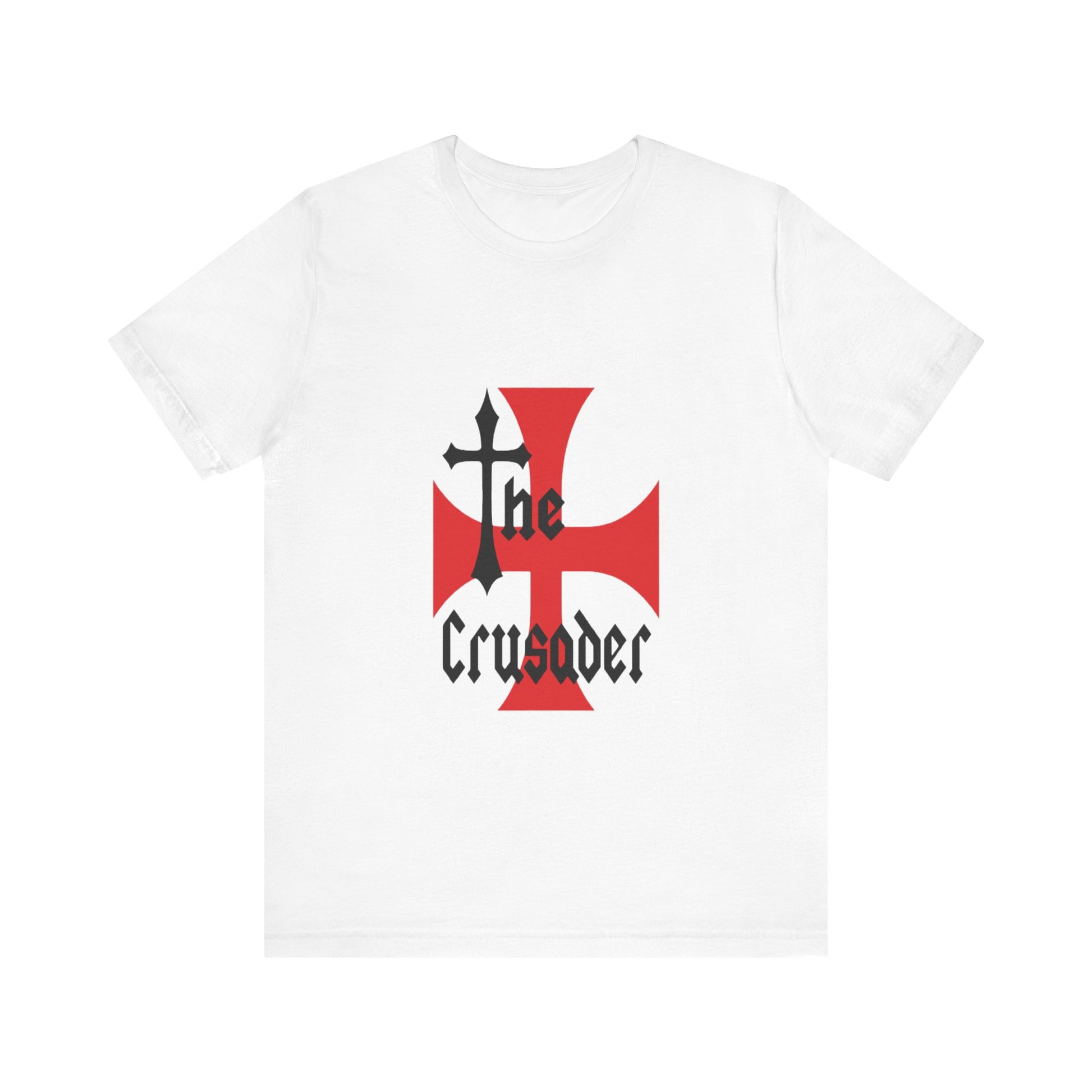Unisex T-shirt featuring The Crusader red Templar cross with Gothic text. French medieval-inspired design for history enthusiasts, printed by Canadian or American companies with worldwide branches.