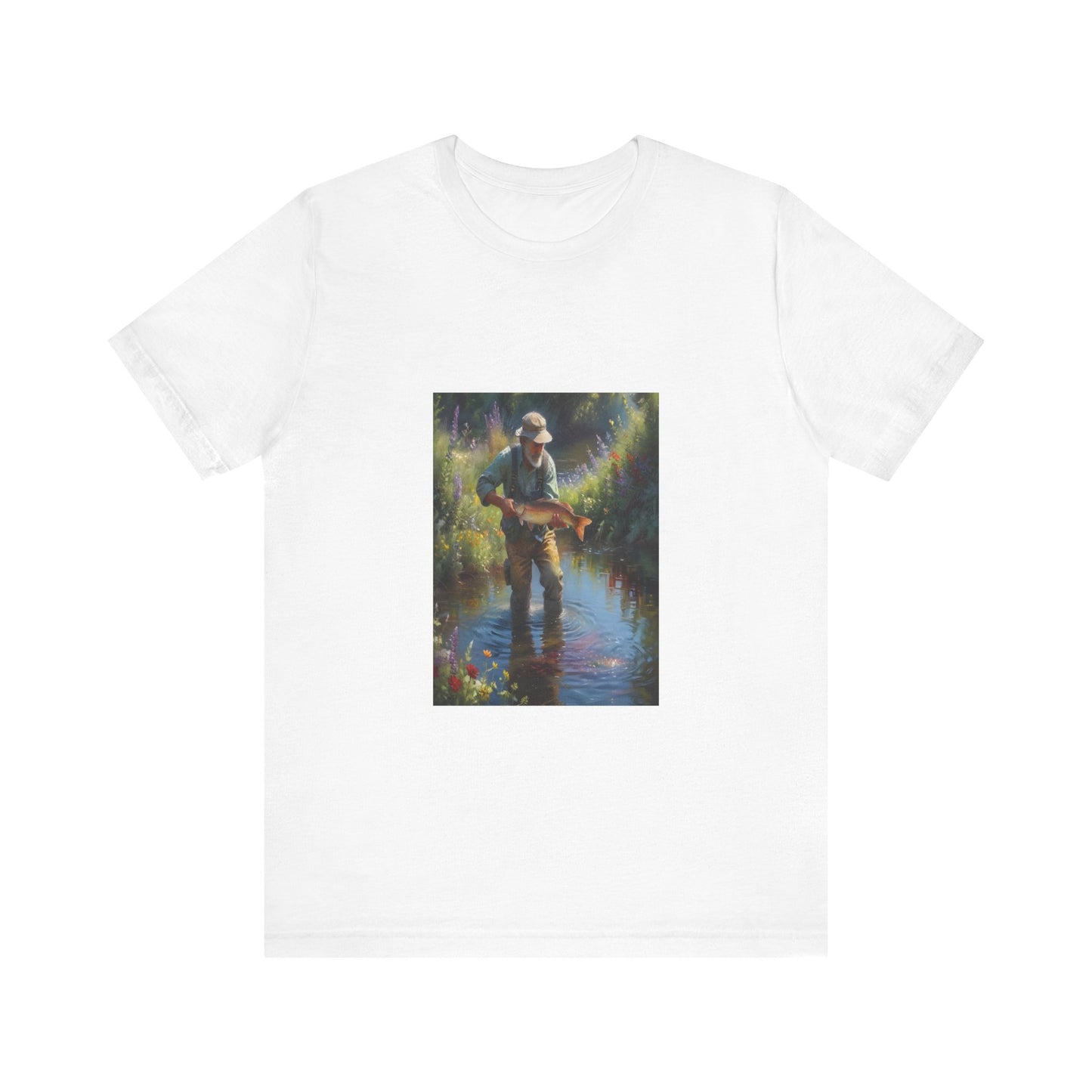 Unisex T-shirt featuring The River Catch design in oil painting style. French creation by Marcel W-Dagrou. Also known as Unisex Jersey Short Sleeved T-shirt or Bella Canvas 3001 T-shirt. Soft premium cotton, artistic and comfortable wear.