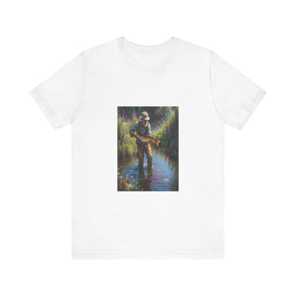 Unisex T-shirt featuring The River Catch design in oil painting style. French creation by Marcel W-Dagrou. Also known as Unisex Jersey Short Sleeved T-shirt or Bella Canvas 3001 T-shirt. Soft premium cotton, artistic and comfortable wear.