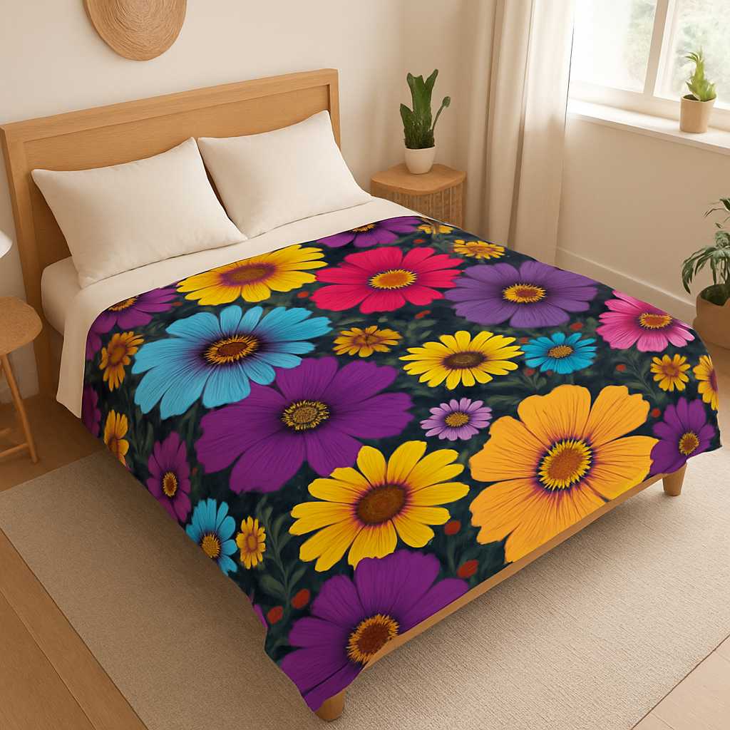 Velveteen Plush Blanket featuring vibrant summer floral design with purple, yellow, and turquoise flowers on a dark background, perfect for cozy home decor and stylish interior accents