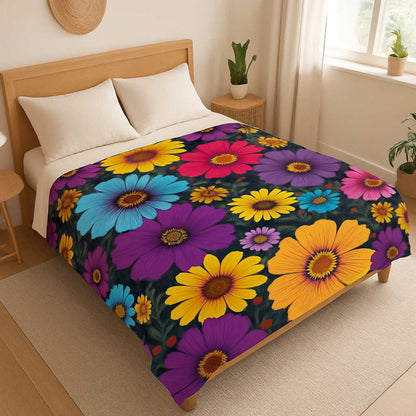 Velveteen Plush Blanket featuring vibrant summer floral design with purple, yellow, and turquoise flowers on a dark background, perfect for cozy home decor and stylish interior accents