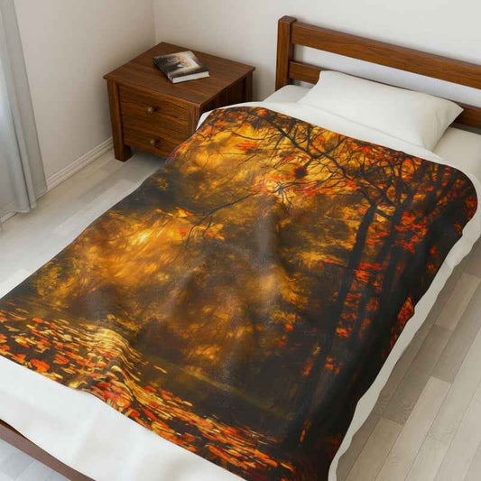 velveteen plush blanket a pond in autumn displayed on modern bedroom bed golden forest reflection design warm fall colors seen from elevated angle cozy natural decor soft lighting
