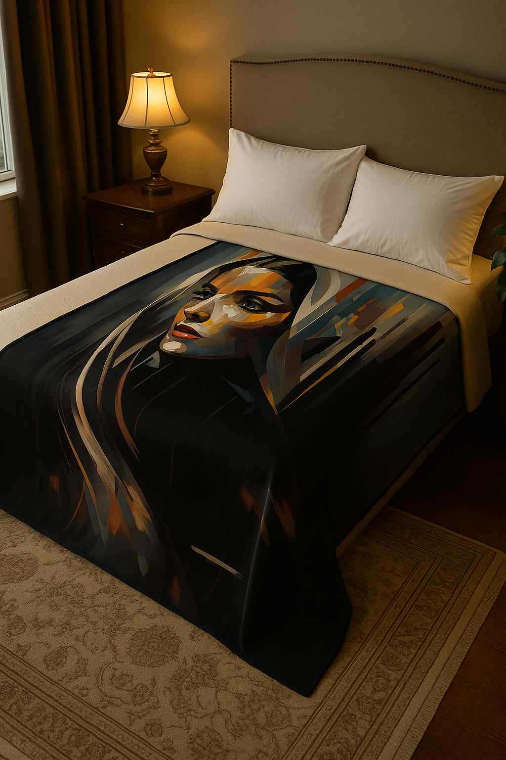 velveteen plush blanket abstract female portrait design displayed on modern bedroom bed warm lighting neutral decor elegant atmosphere soft tones artistic face illustration shown clearly from elevated angle