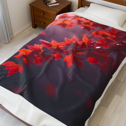 Velveteen Plush Blanket on a bed featuring vivid scarlet autumn leaves against a deep twilight background, soft velvety texture, warm seasonal design, elegant fall home décor, cozy throw blanket perfect for bedrooms, living spaces, and relaxing autumn evenings.