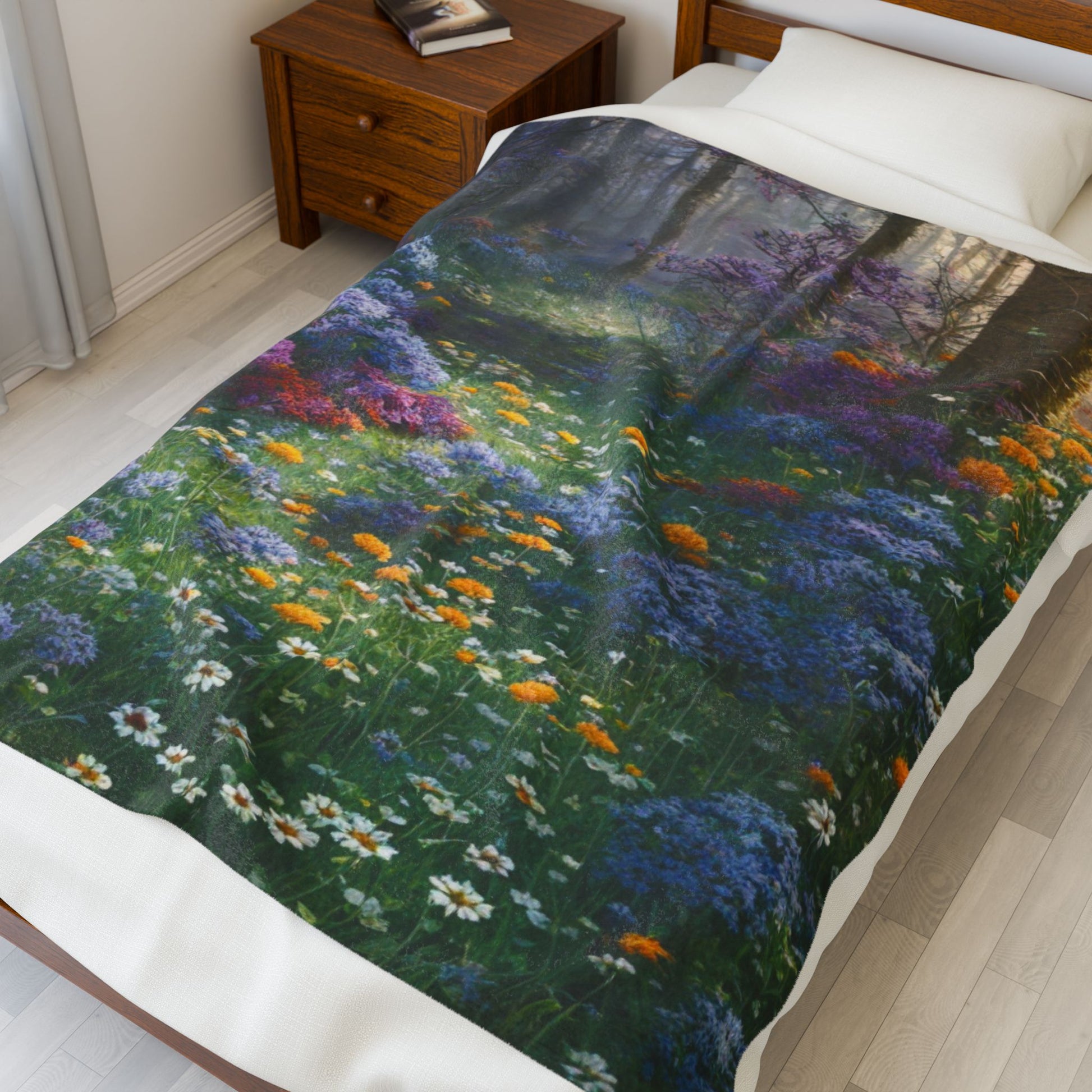velveteen plush blanket on bed featuring blooming forest scene with wildflowers in purple white and gold lush greenery and soft daylight cozy velvet throw inspired by peaceful nature perfect for adding calm comfort and floral serenity to a relaxing home space