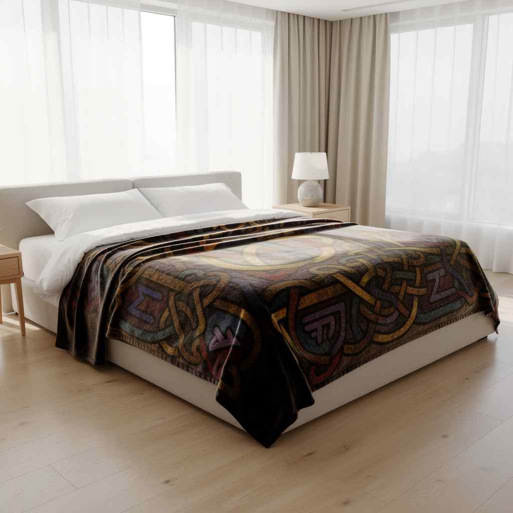 Velveteen plush blanket Celtic knot design on bed in bright Scandinavian bedroom with large windows soft natural light light wood floor minimalist decor cozy atmosphere warm tones accurate Celtic motif visible on the blanket