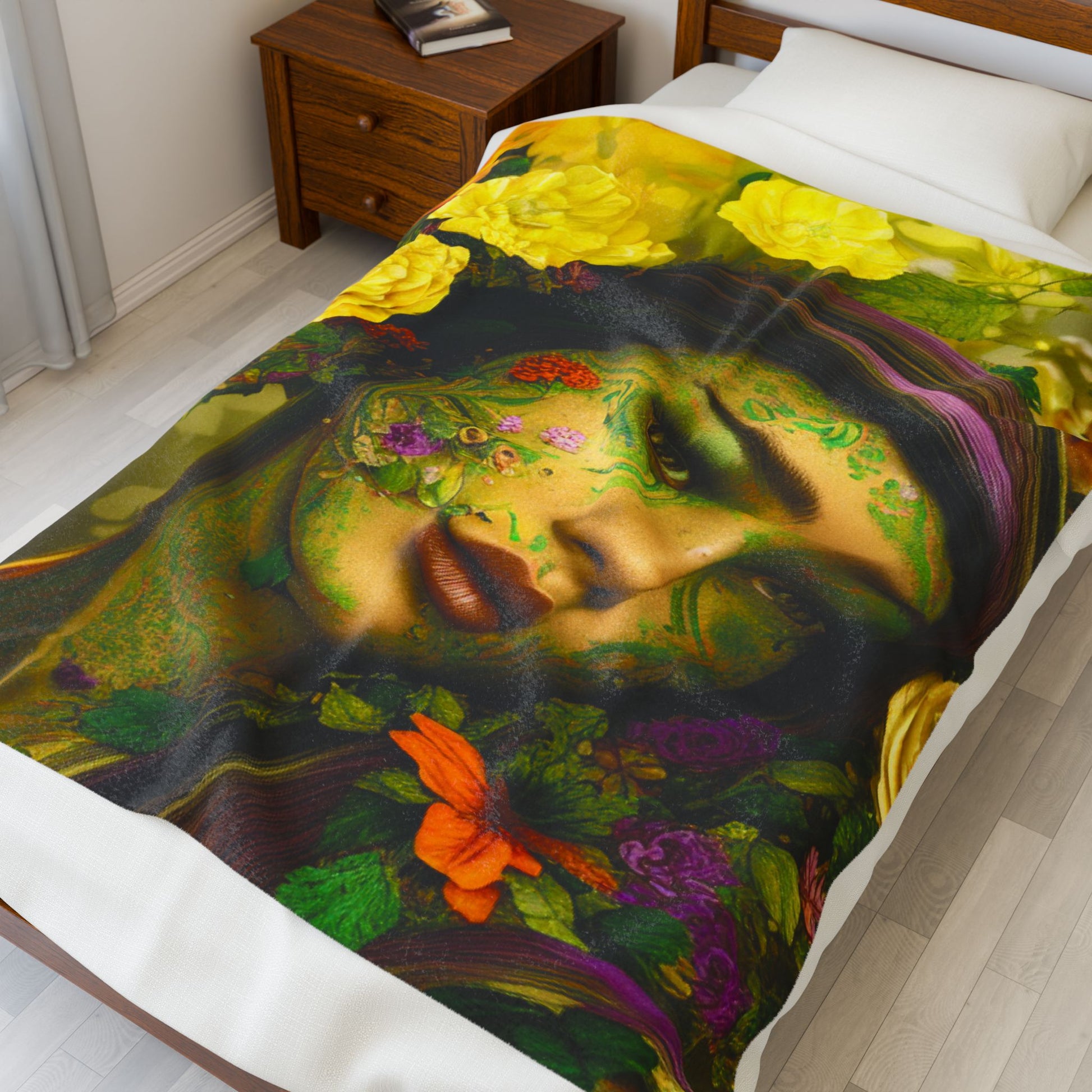 Velveteen Plush Blanket on a bed featuring Chloris mythology floral art inspiration, soft velvety texture in warm green and gold tones, elegant bedroom décor, cozy artistic throw for peaceful relaxation and nature-inspired interior styling.