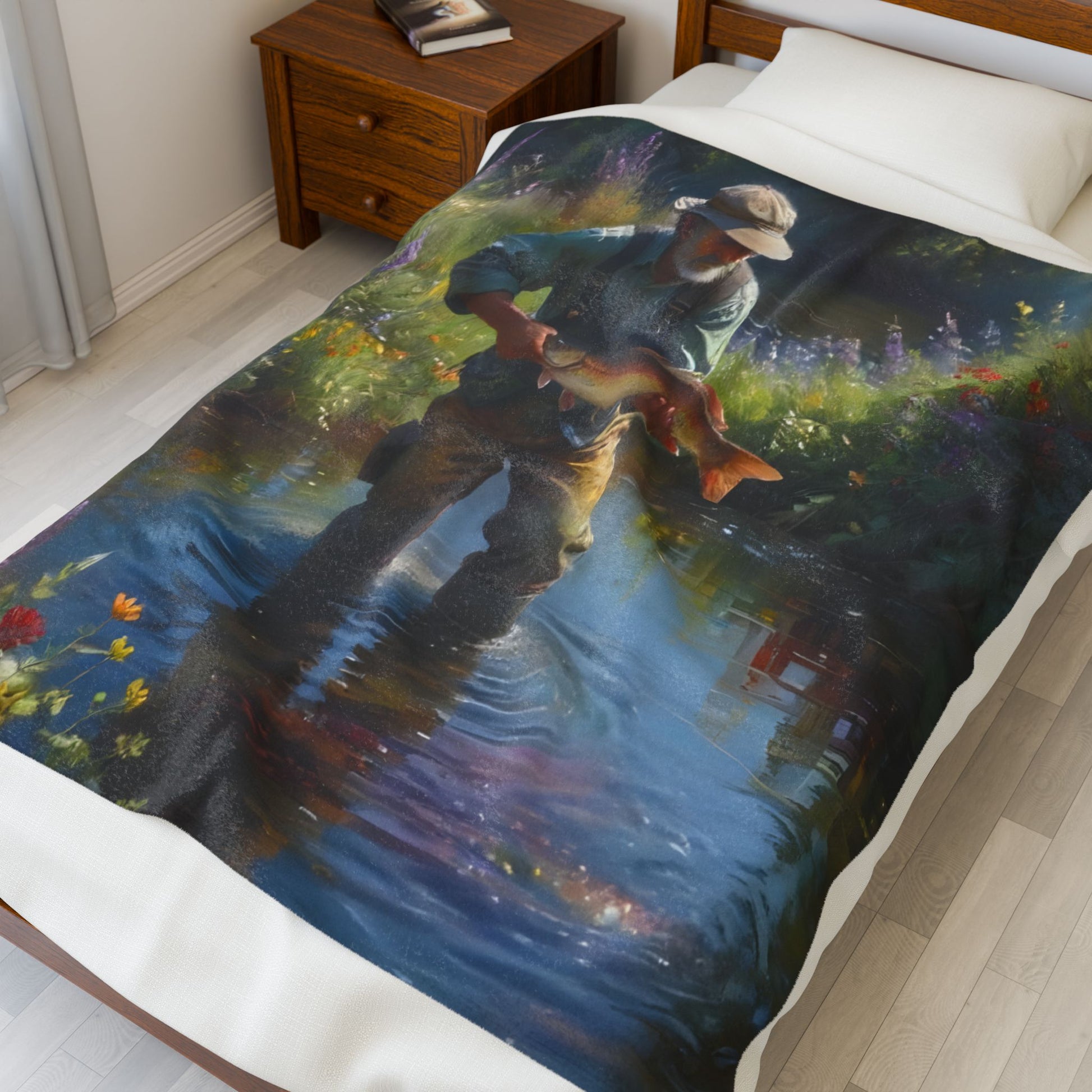 Fisherman standing in a sunlit river holding a catch, surrounded by lush green foliage and wildflowers, natural outdoor scene printed on a velveteen plush blanket on a bed, warm rustic light, peaceful fishing landscape home decor textile photography