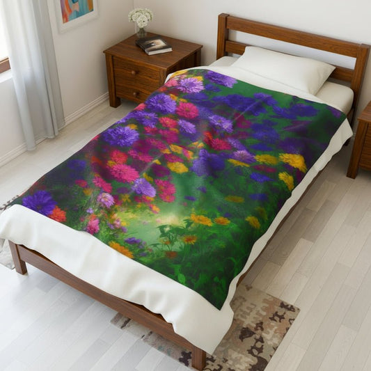 velveteen plush blanket fleurs fleurs vibrant floral garden design displayed on modern bedroom bed colorful purple pink and yellow flowers shown from elevated angle cozy bright decor natural light