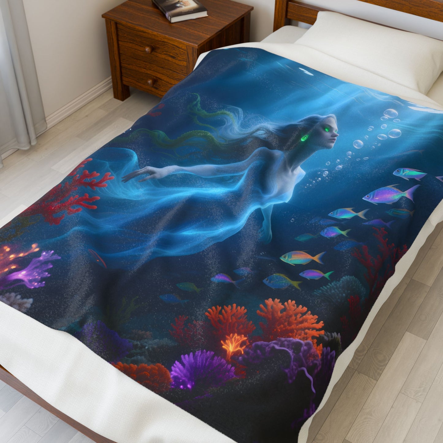 Velveteen plush blanket featuring dreamy underwater mermaid design with glowing ocean light, colorful corals and soft cozy texture, perfect for bedroom or sofa décor and fantasy ocean lovers