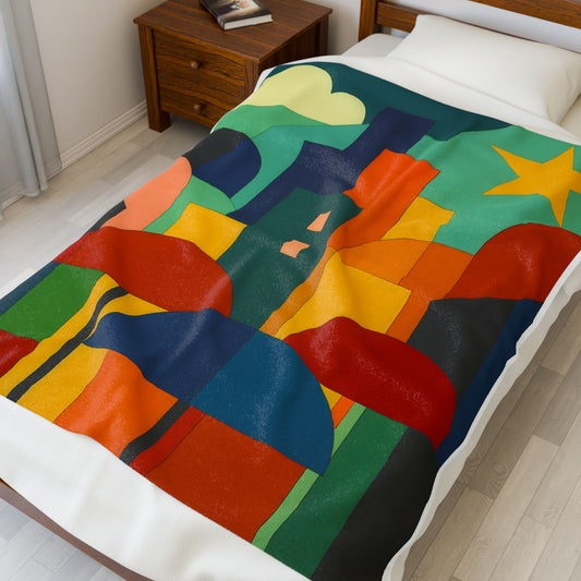Velveteen Plush Blanket on a bed featuring a colorful retro naïf cityscape design with umbrellas and buildings in bright red, yellow, blue, green, and orange tones, soft cozy fabric, joyful modern urban art style, perfect for artistic home décor and uplifting cozy spaces.