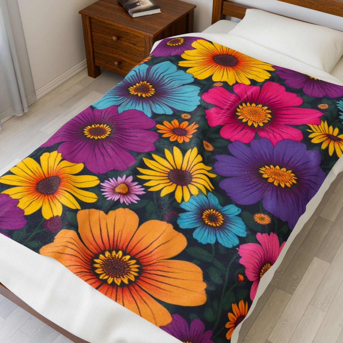 Velveteen Plush Blanket on a bed featuring a bold retro floral naïf design with large colorful summer flowers in rich purple, yellow, orange, pink, and blue tones, cozy soft texture, vintage 60s artistic style, perfect for bright and creative home décor and warm relaxing spaces.