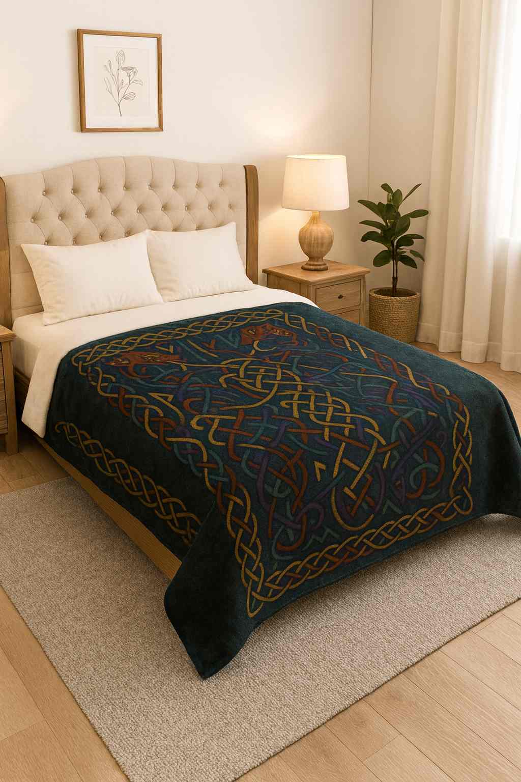 velveteen plush blanket runic knotwork viking serpents and wolves design viewed from above on luxurious scandinavian bedroom bed intricate nordic patterns visible cozy high end room natural light