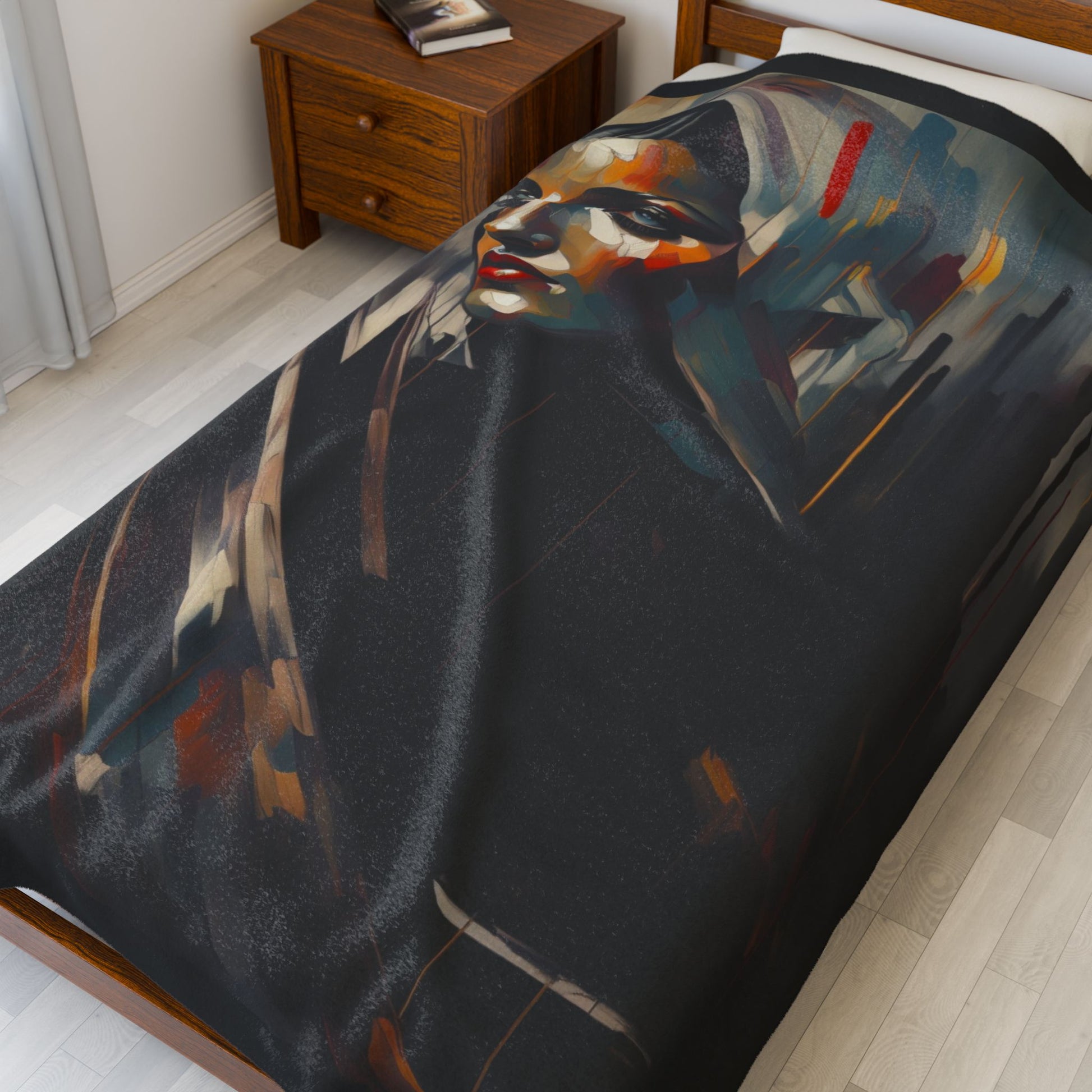 velveteen plush blanket with modern artistic portrait of the virgin marie mother of jesus christ resting on a bed soft cozy velvet texture elegant sacred and contemporary spiritual style perfect for peaceful prayer meditation rest and warm comforting home decor