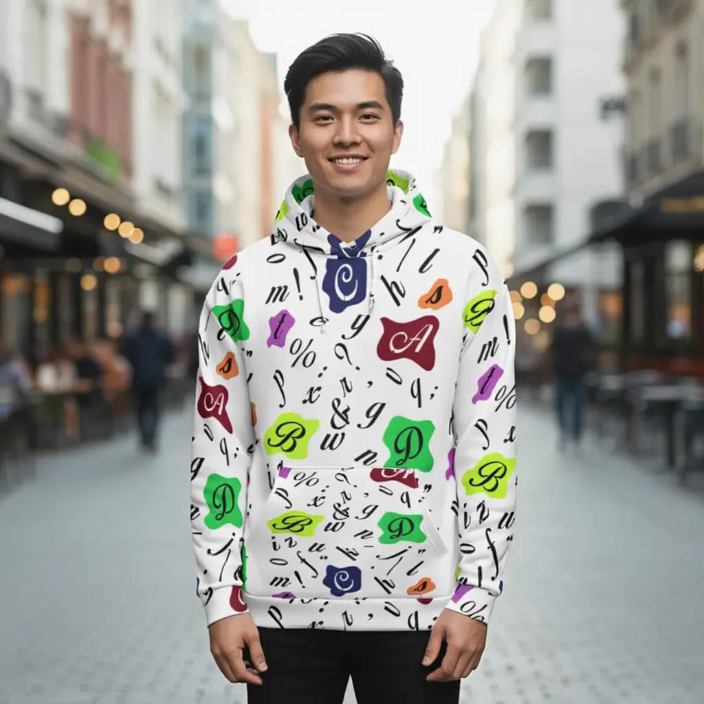 Man wearing a white All Over Print Recycled Unisex Hoodie with colorful retro sixties typographic pattern vibrant letters calligraphy shapes multicolor accents artistic streetwear bold graphic design urban background detailed fabric folds comfortable hoodie modern creative style
